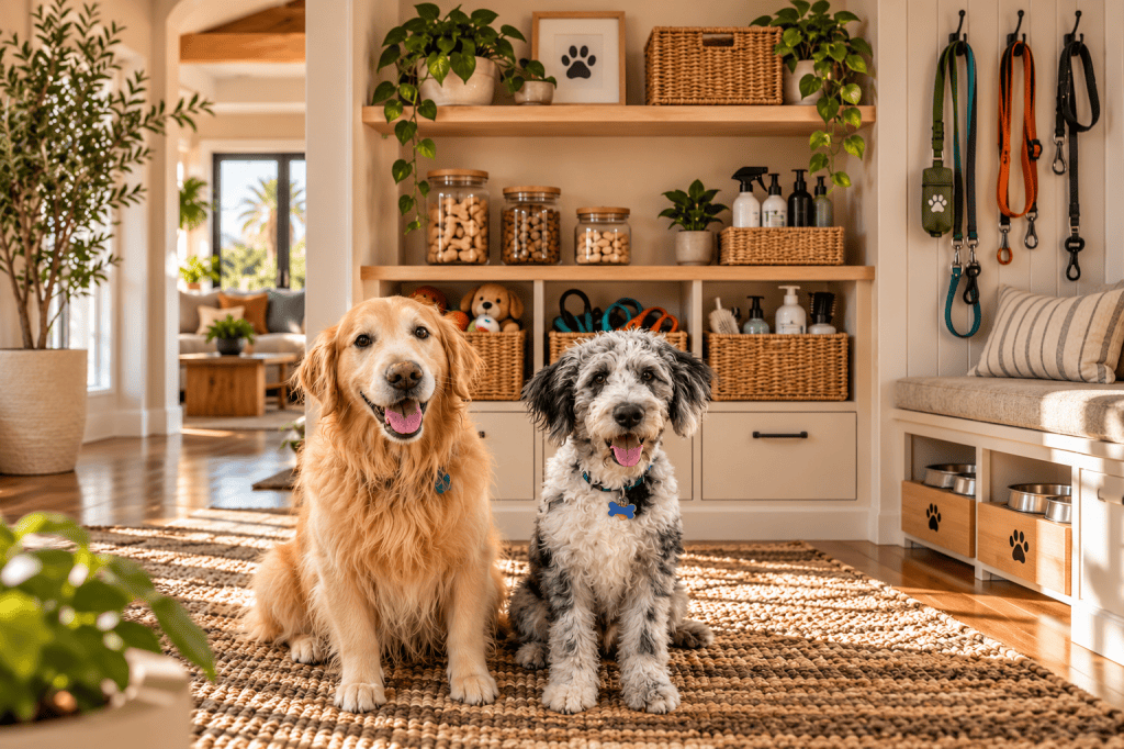 Golden Retriever and Aussiedoodle sitting in a bright, organized pet storage area with baskets for toys, leashes, grooming supplies, and everyday pet essentials.