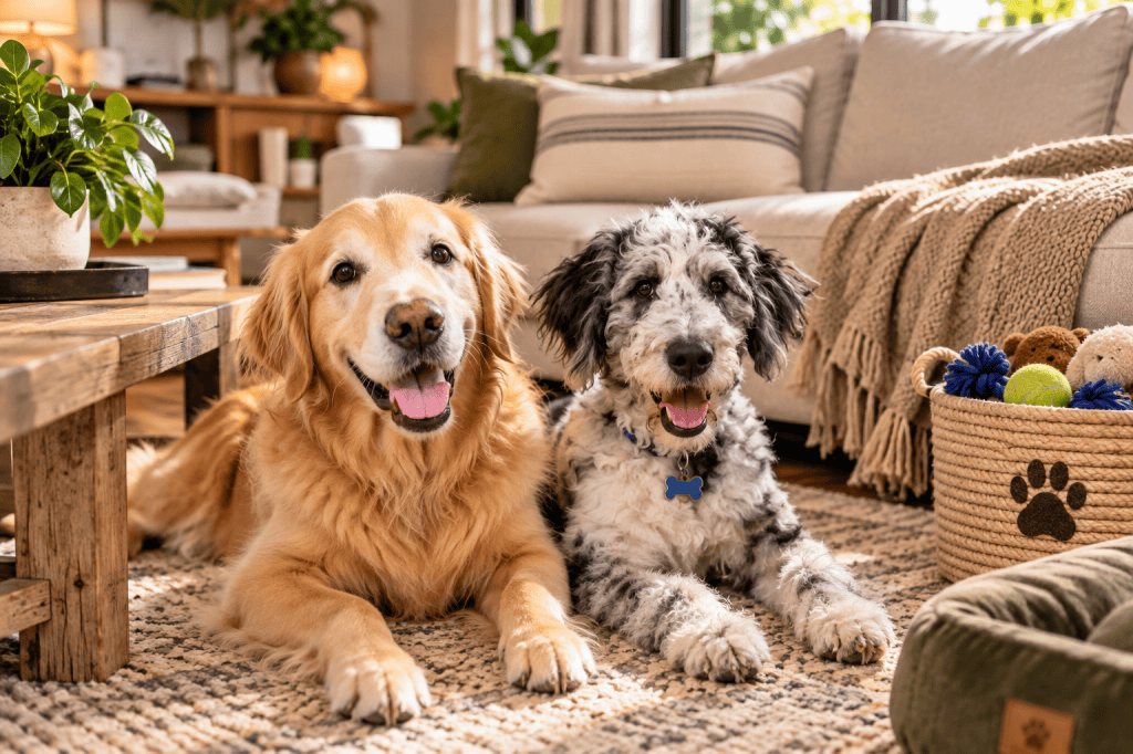 Golden Retriever and Aussiedoodle relaxing together in a warm, pet-friendly living room.